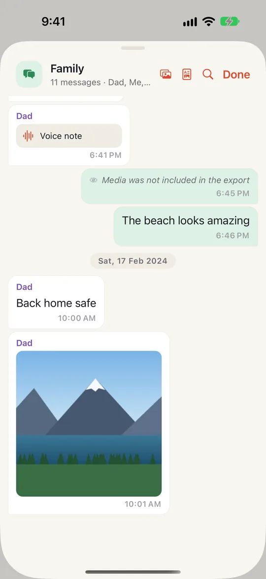 A saved WhatsApp chat in HakoDrive, with messages, a voice note and a photo in place
